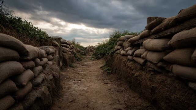 Gloomy Day Overcast Sky Brown Dirt Trench Path Sandbags Military Battlefield