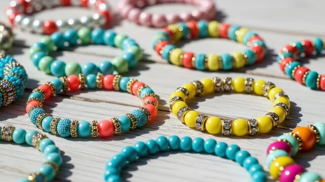 Colorful beaded bracelets on a white wooden table: jewelry, beads, fashion, craft, style.