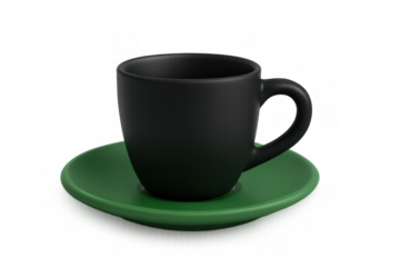 Black coffee cup standing on green saucer with transparent background