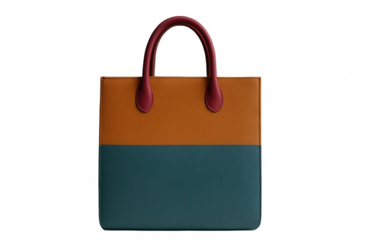 A colorful leather tote bag with a bi-color design.