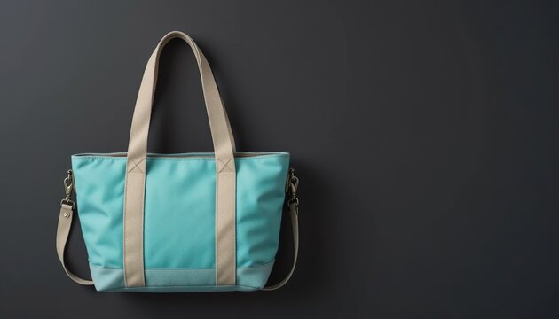turquoise bag with beige canvas straps on soft blak background