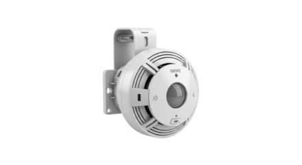 White smoke detector mounted on a wall isolated on transparent background