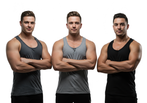 Three muscular men standing together arms crossed isolated on transparent background - Powered by Adobe