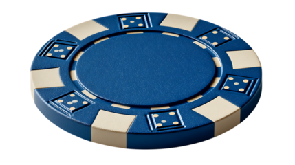 Blue casino poker chip with dice design isolated on transparent background