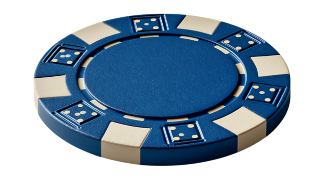 Blue casino poker chip with dice design isolated on transparent background