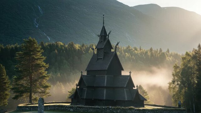 Norway's ancient stave church with intricate woodwork surrounded by misty forest landscape in