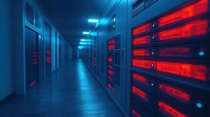 Fototapeta premium A long, corridor-like server room, lined with rows of glowing server racks. Blue-toned lighting accentuates the dark space. Red highlights illuminate the rack components