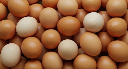 Pile of brown eggs with a few cream-colored eggs interspersed throughout the whole