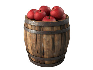 Wooden barrel overflowing with ripe red apples isolated on transparent background