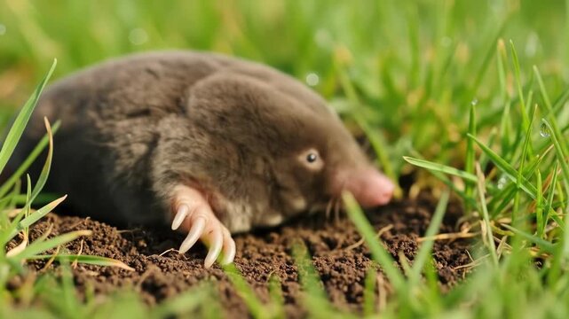 Closeup of one mole emerging from hole in grass. Wild animal, wildlife.