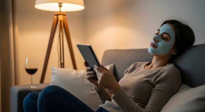 A tranquil woman with a beauty face mask relaxing on a cozy sofa at home, using a digital tablet for evening entertainment - Powered by Adobe
