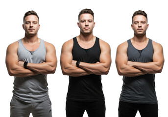 Three muscular men posing with crossed arms isolated on transparent background