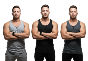 Three muscular men posing with crossed arms isolated on transparent background