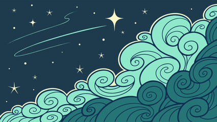 Night sky illustration with shooting star and stylized clouds vector background for graphic design use