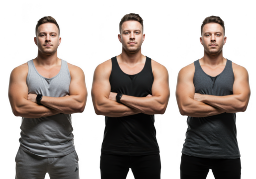 Three muscular men posing with crossed arms isolated on transparent background - Powered by Adobe