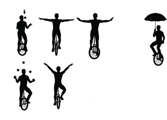Silhouette of Unicyclist Performing Tricks, Juggling, Balancing Act, Circus Skill, Precision Stunt Riding, Unique Acrobatics Show, Entertaining Visual Spectacle