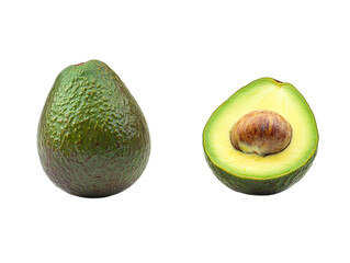 Whole and halved avocado isolated on transparent background