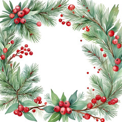 Festive watercolor pine branches and red berries create a beautiful natural holiday frame, evoking warmth.