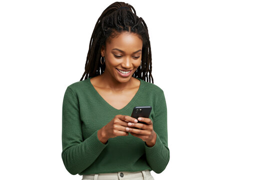 Young woman texting on her smartphone isolated on transparent background