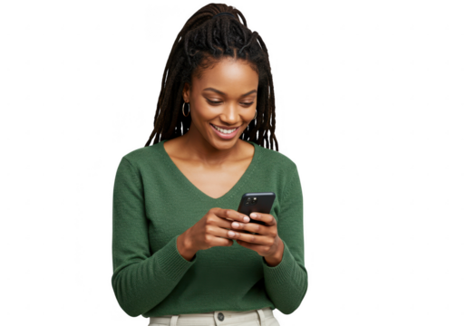 Young woman texting on her smartphone isolated on transparent background - Powered by Adobe