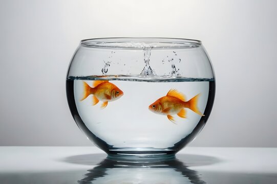 Empty fish bowl with water in front of white background, studio shot