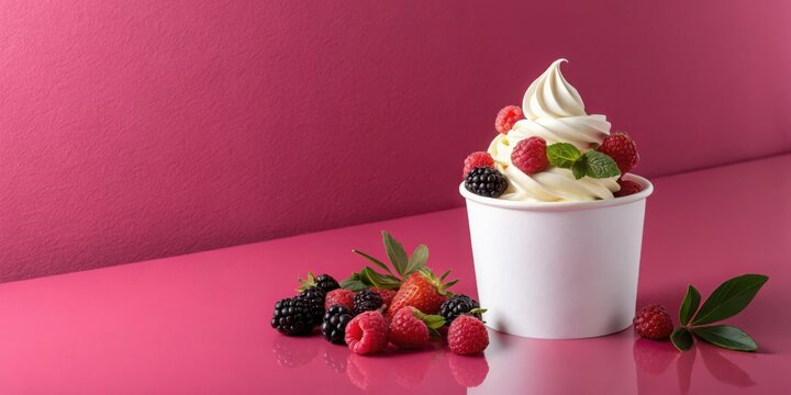 Delicious frozen yogurt topped with fresh mixed berries in a white cup