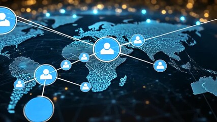 Global connection network with social media profile icons and world map background - Powered by Adobe