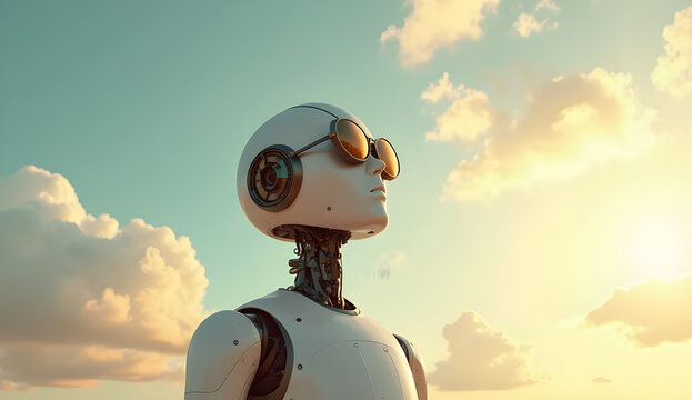 robot in the clouds looking sky with sunglasses 