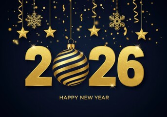 Happy new year 2026 with golden ornament, stars, snowflakes and confetti