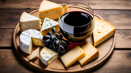 Red wine and cheese platter on a wooden table