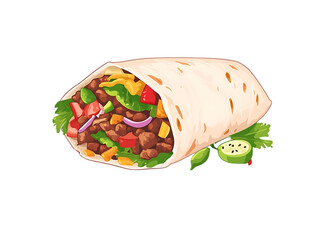 Delicious and fresh burrito filled with meat vegetables and cheese isolated on transparent background