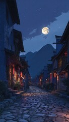 Fototapeta premium A moonlit Asian village street at night