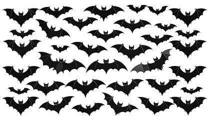 Eerie assemblage of stylized bats on a stark white backdrop conjuring halloween festivities