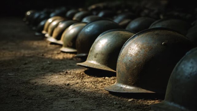 Row of Weathered Military Helmets in Shadowy Ground