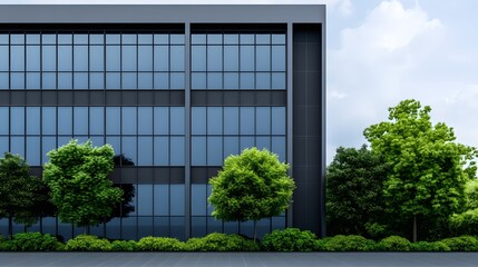 Modern glass fronted office building facade with dark frames fronted by lush green trees and shrubs under a cloudy sky