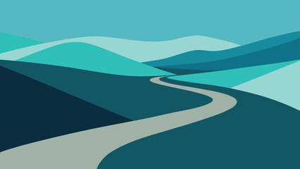 Stylized winding road through blue and teal mountain landscape