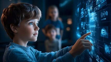 Young boy intently interacts with a futuristic blue holographic interface other children watch