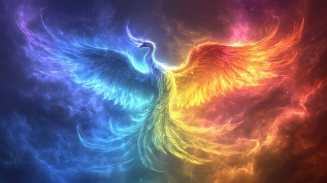 A vibrant phoenix, wings ablaze with  colorful fire, soars through a swirling nebula of blues and oranges