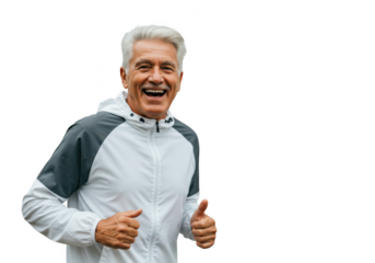 Smiling senior man running wearing a white and gray jacket isolated on transparent background