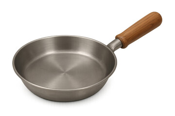 Empty frying pan with wooden handle on transparent background