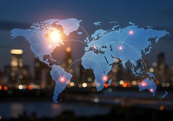 An illustrative depiction of a world map overlaid against a cityscape