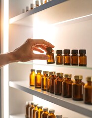 A hand selects a small amber bottle from a shelf filled with similar containers, lit from behind