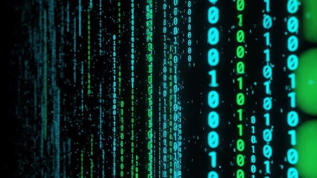 Abstract data stream with falling binary code, digital technology background. Green and blue binary code illustrates data, digital technology, computer science concept.