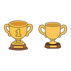 Two gold trophy cups, one with a number one, representing a victory