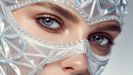 Close‑up face with translucent crystal mask and digital aura