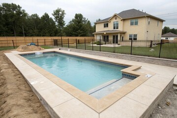 Fototapeta premium Rectangular modern swimming pool in a fenced backyard of a luxury new construction house. Clear blue water, tan concrete edges, outdoor summer lifestyle, peaceful and private.