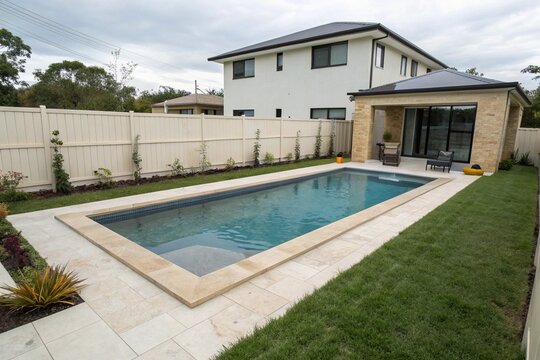 Rectangular modern swimming pool in a fenced backyard of a luxury new construction house. Clear blue water, tan concrete edges, outdoor summer lifestyle, peaceful and private.

