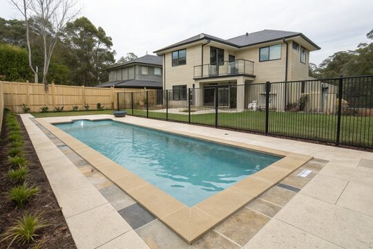 Rectangular modern swimming pool in a fenced backyard of a luxury new construction house. Clear blue water, tan concrete edges, outdoor summer lifestyle, peaceful and private.

