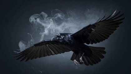 Obraz premium Majestic Raven in Flight with Dark Moody Background, Smoke Effect, and Wildlife Photography.