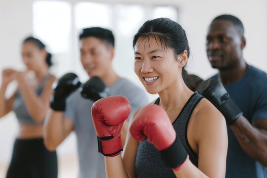 Energetic Group of Athletes, Collaborative Boxing Training in a Dynamic Fitness Session. - Powered by Adobe